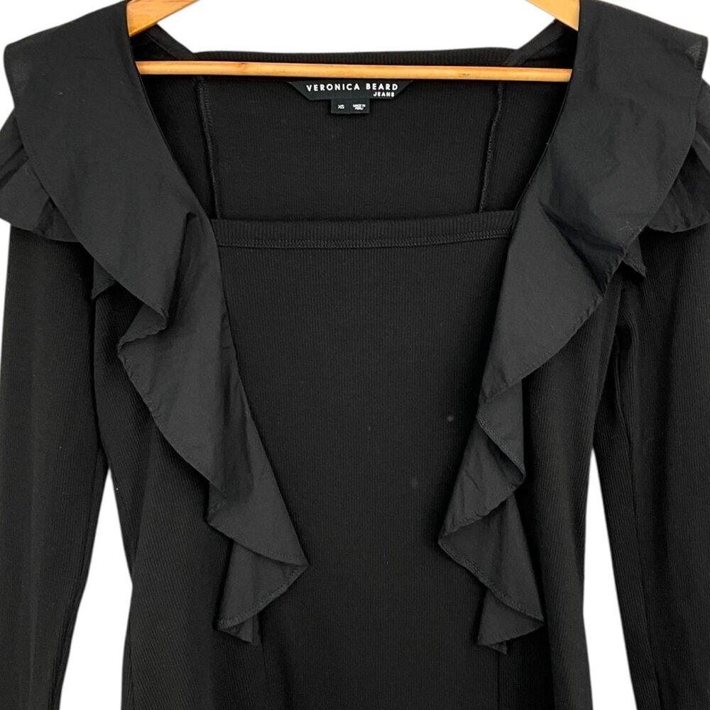 Veronica Beard Gidea Ruffled Top Black Square Neck Ribbed Long Sleeve Size XS - Picture 2 of 8